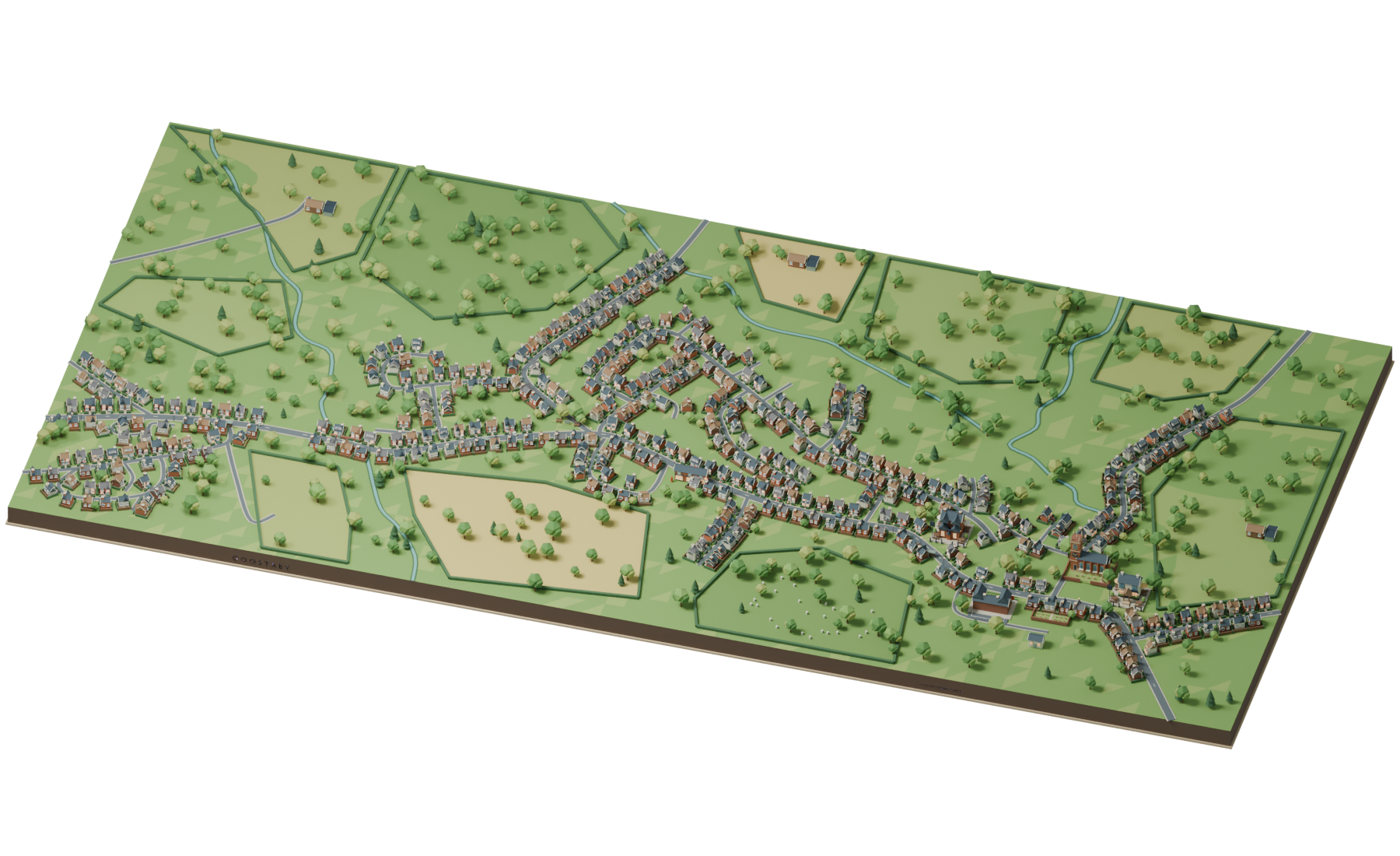 Low-poly Goostrey village with hundreds of homes, a church, village pubs, winding roads and hedged fields