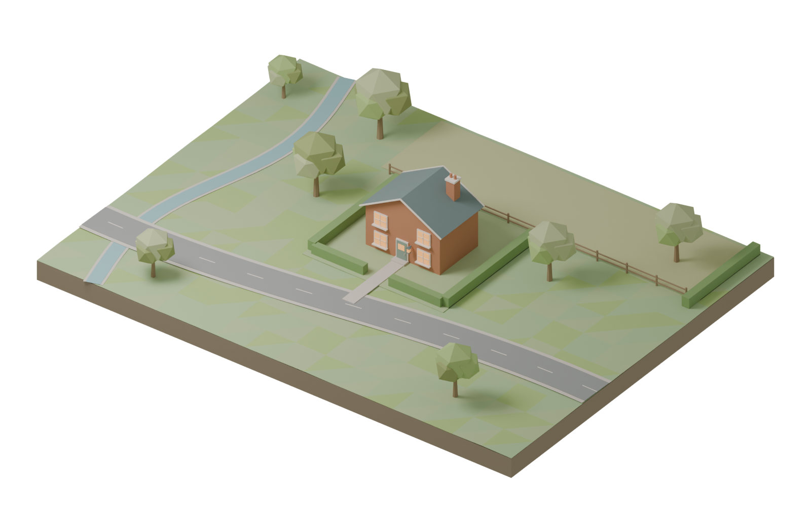 Goostrey test terrain with a brick house, fields, brook and country lane