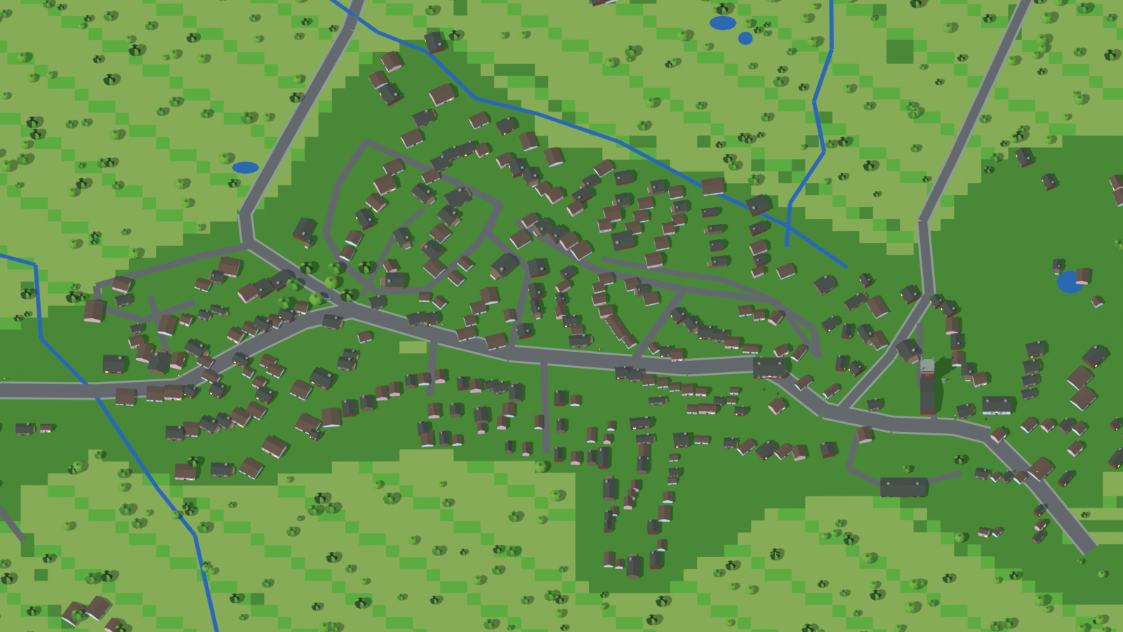 Aerial low-poly Goostrey with winding roads, hundreds of houses, church, pubs, brooks and fields