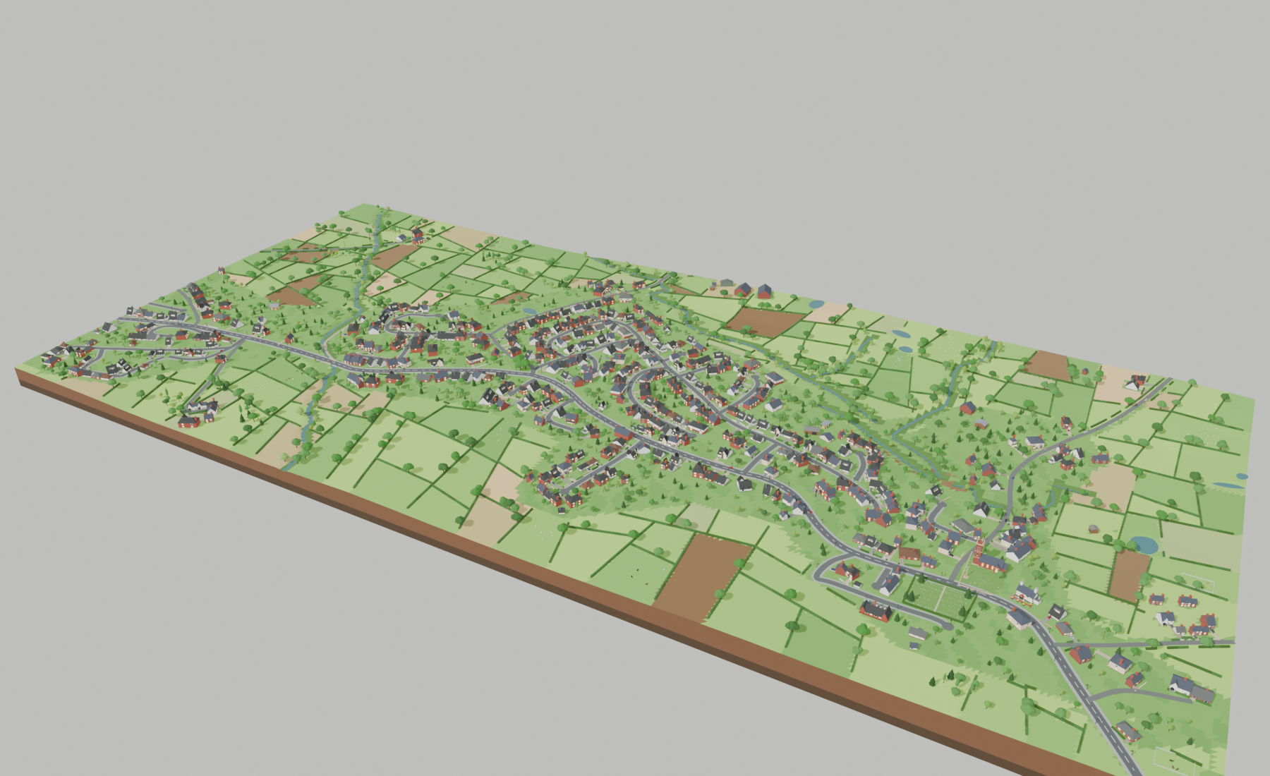 Low-poly Goostrey on a terrain block: winding streets of brick and rendered homes, the church tower, brook valleys and hedged fields